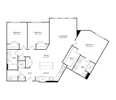 A black and white floor plan of a house with three bedrooms, a living room, a dining room, a kitchen, an entry way, a bath, and a walk in closet.